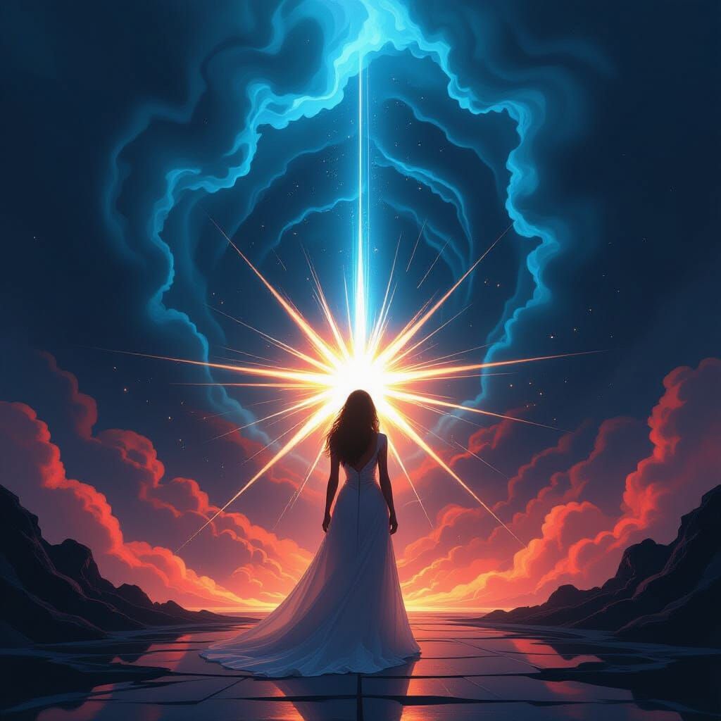 Radiant Light and Shadow Clash in Retrofuturistic Style