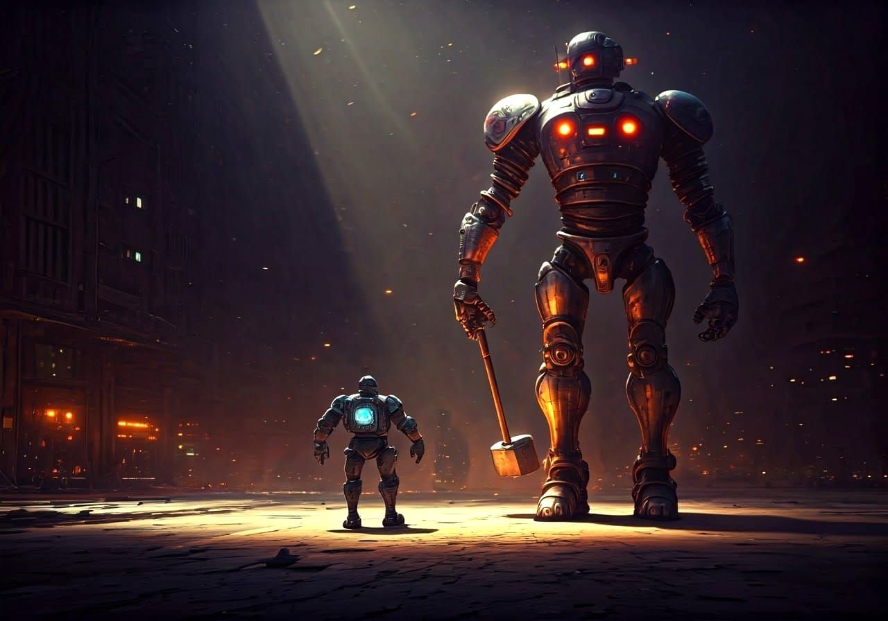 One giant robot holding a big hammer looking at another giant robot walking toward him. Robots are made of metal. intric...