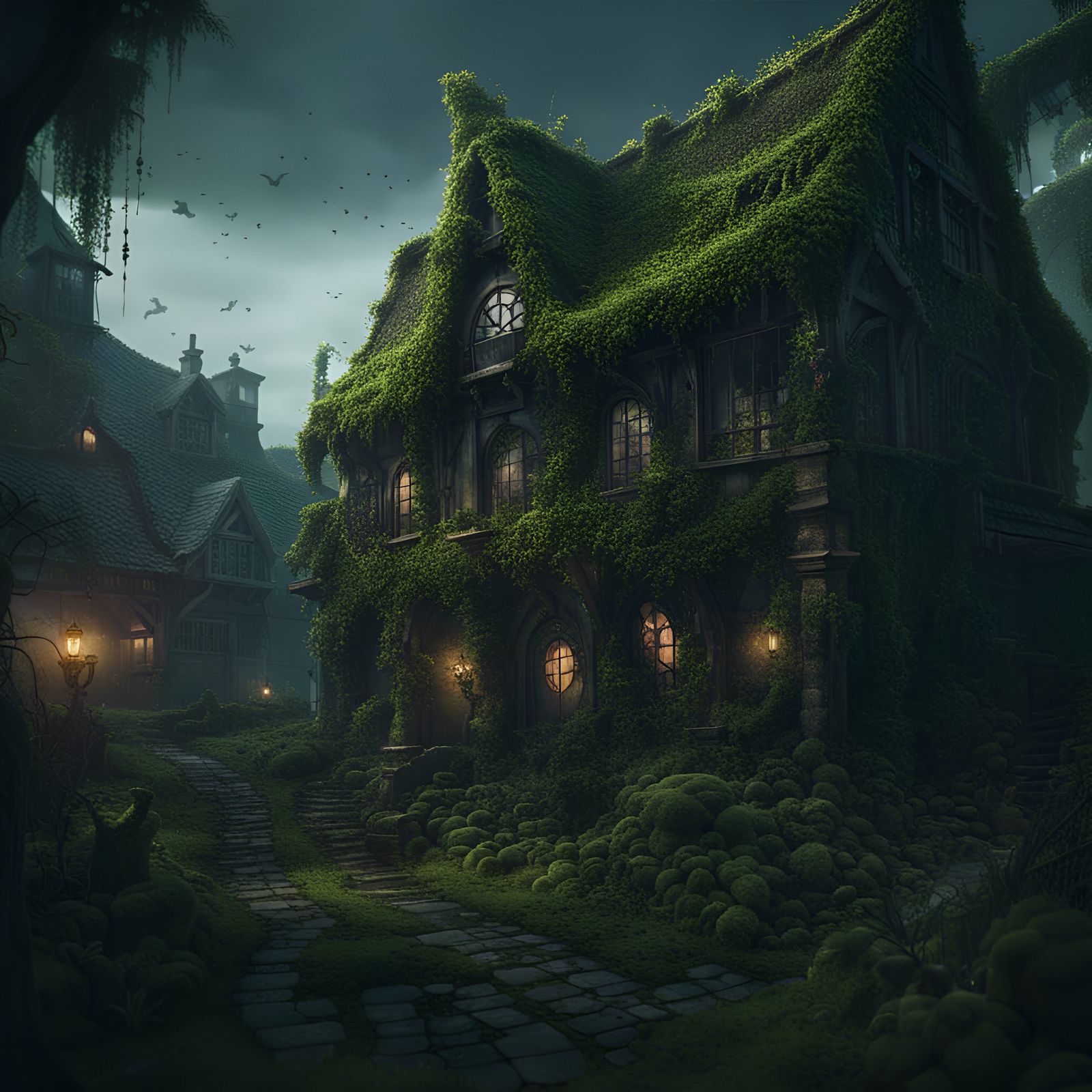 Misty Overgrown Village: Detailed Matte Painting