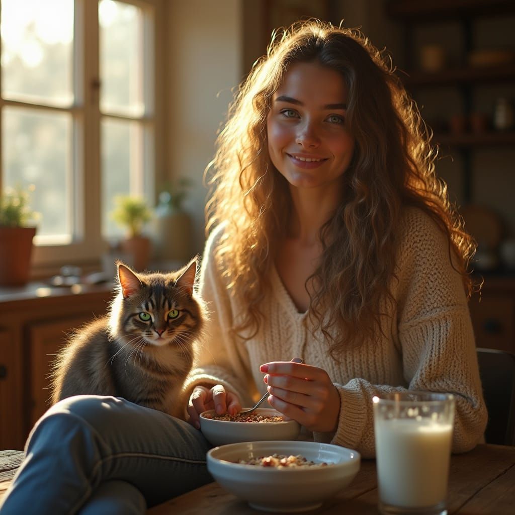 Cozy Morning Moment with Curly Woman and Adorable Cat
