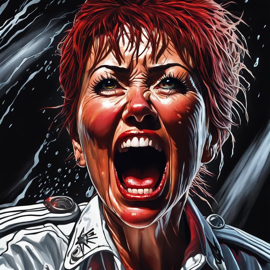 Screaming Woman in Police Uniform, Hyperrealistic Art