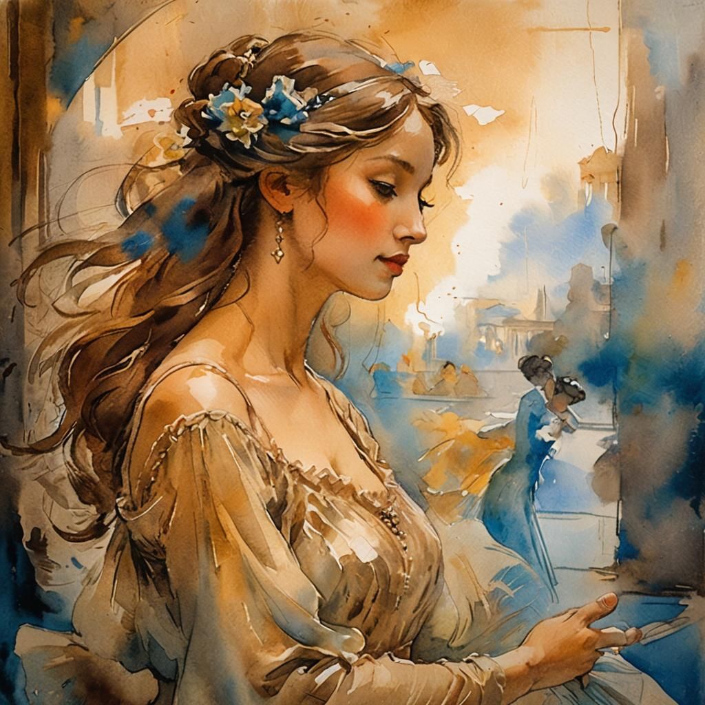 Impressionistic Watercolor of Dancing Woman in Sepia Tones