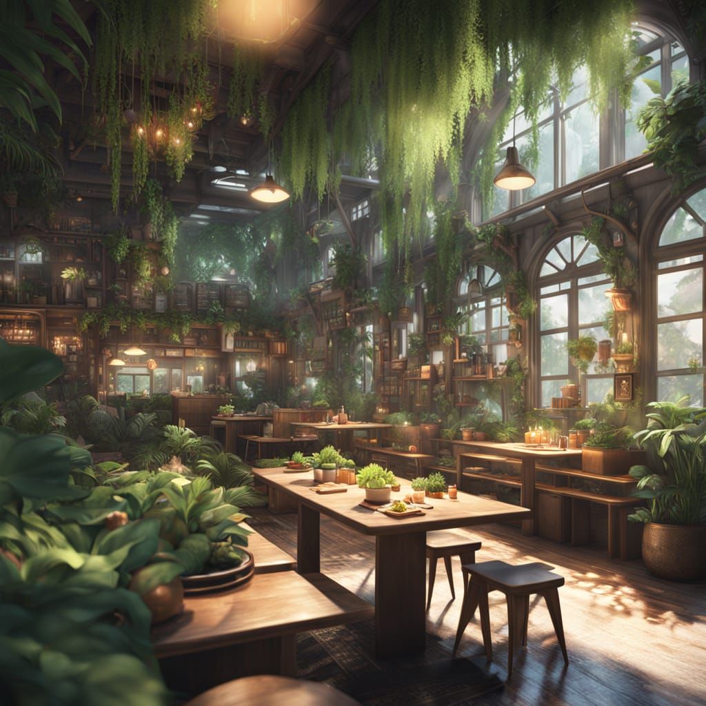 Anime Girl in a Biophilic Coffee Shop with Vibrant Greens