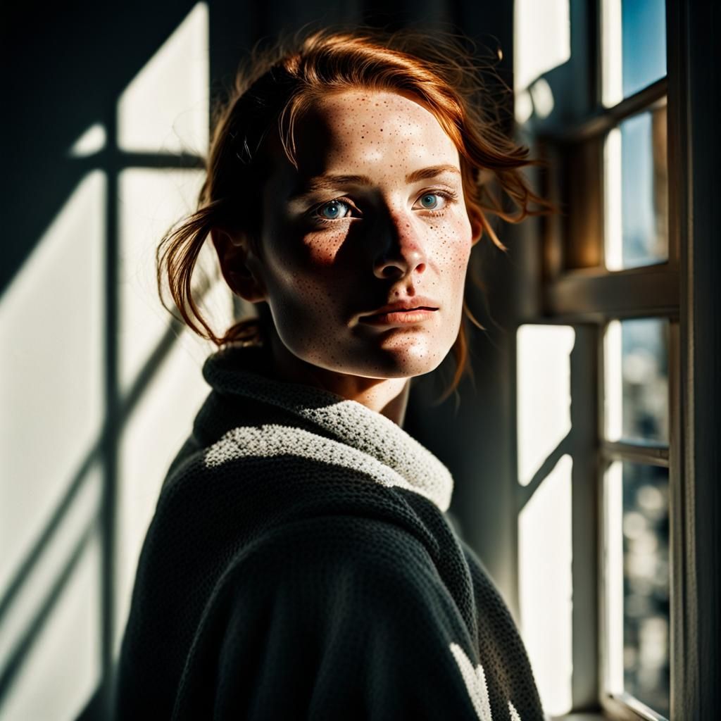 Freckled Woman Portrait with Light and Shadow Play