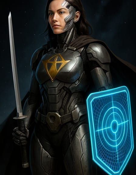 Cybernetic Hero with Samurai Sword in Sci-Fi Style