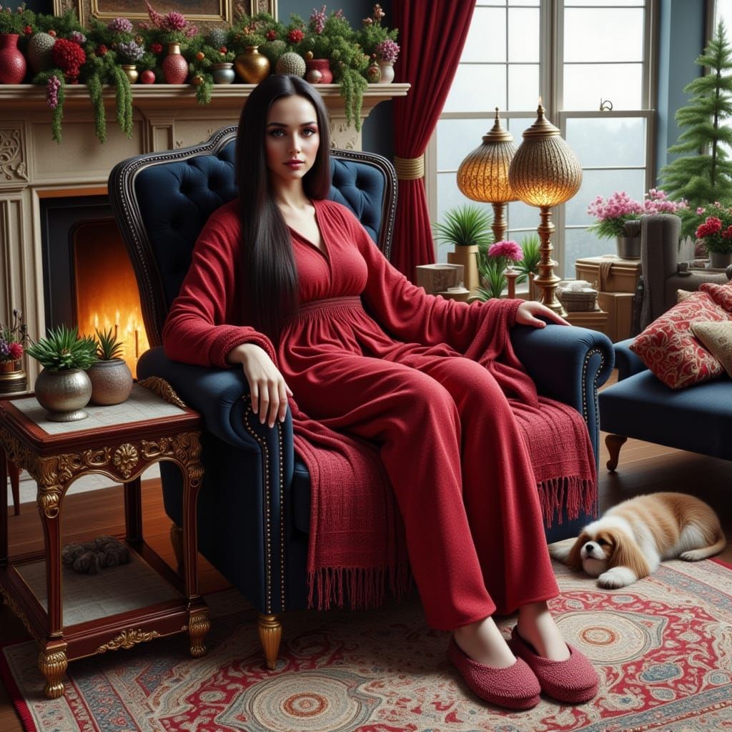 Elegant Woman by the Fireplace