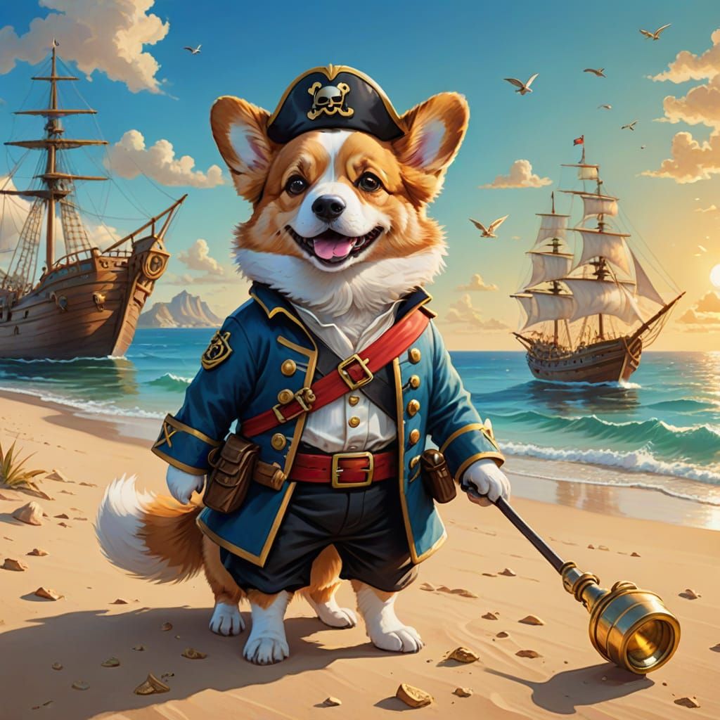 Fluffy Corgi Pirate Captain on Beach at Golden Hour