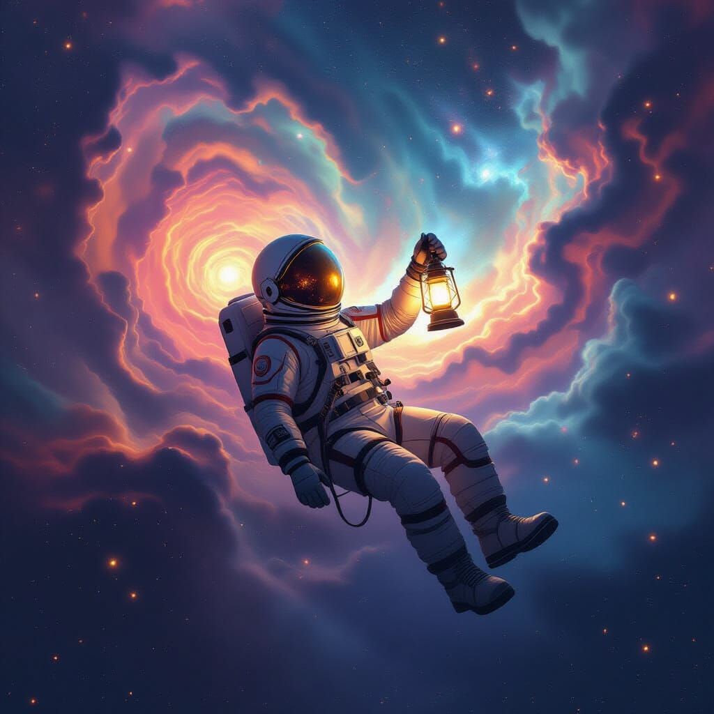 Astronaut Drifting in Space with Glowing Lantern