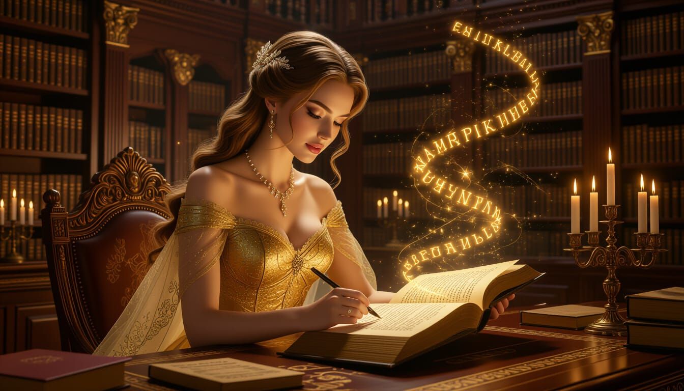 Aristocratic Woman Writing in Golden Library, Fantasy Art