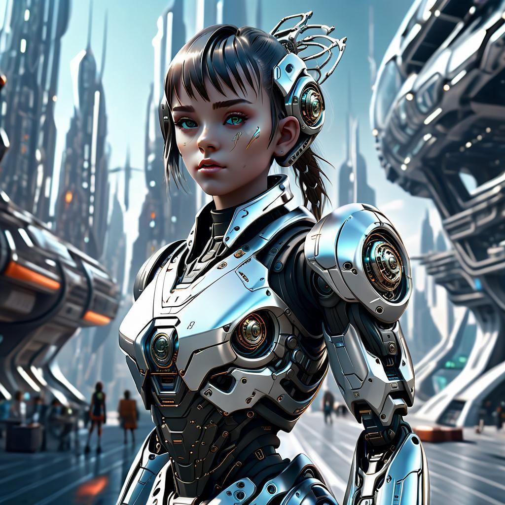 Futuristic Humanoid Girl in Sci-Fi Cityscape