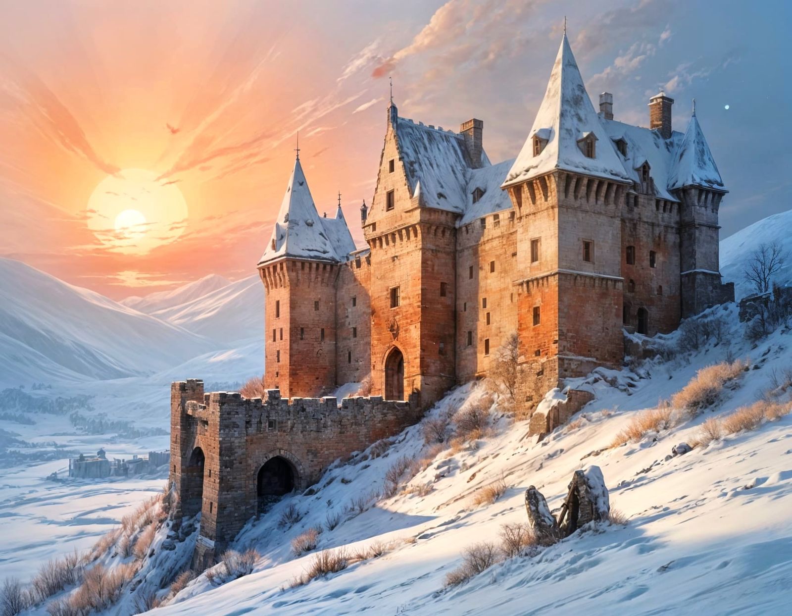 Blood-Red Sunrise Over Snowbound Castle Keep