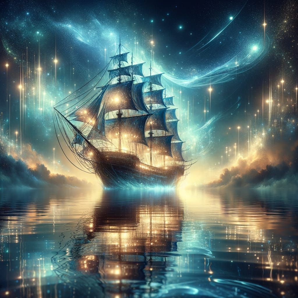 Luminous Dreamship Sails Across Starlit Ocean Waves