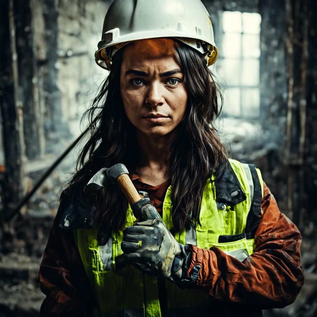 Woman Construction Worker with Hammer at Site