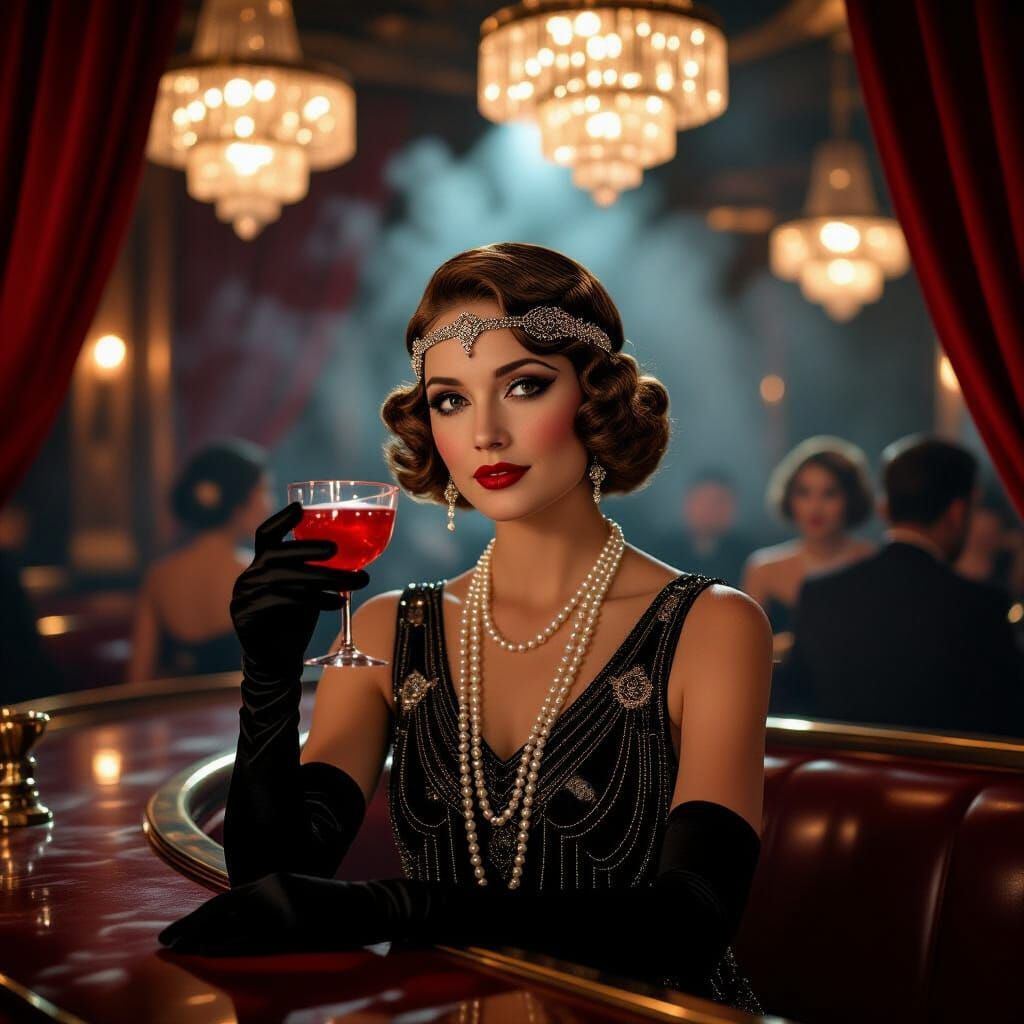 Elegant Flapper at Art Deco Bar, Cinematic Style