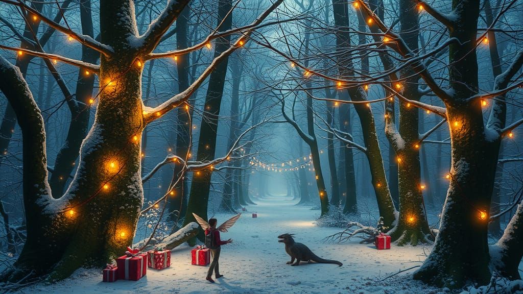 Enchanted Winter Forest Scene with Fairies and Dragon