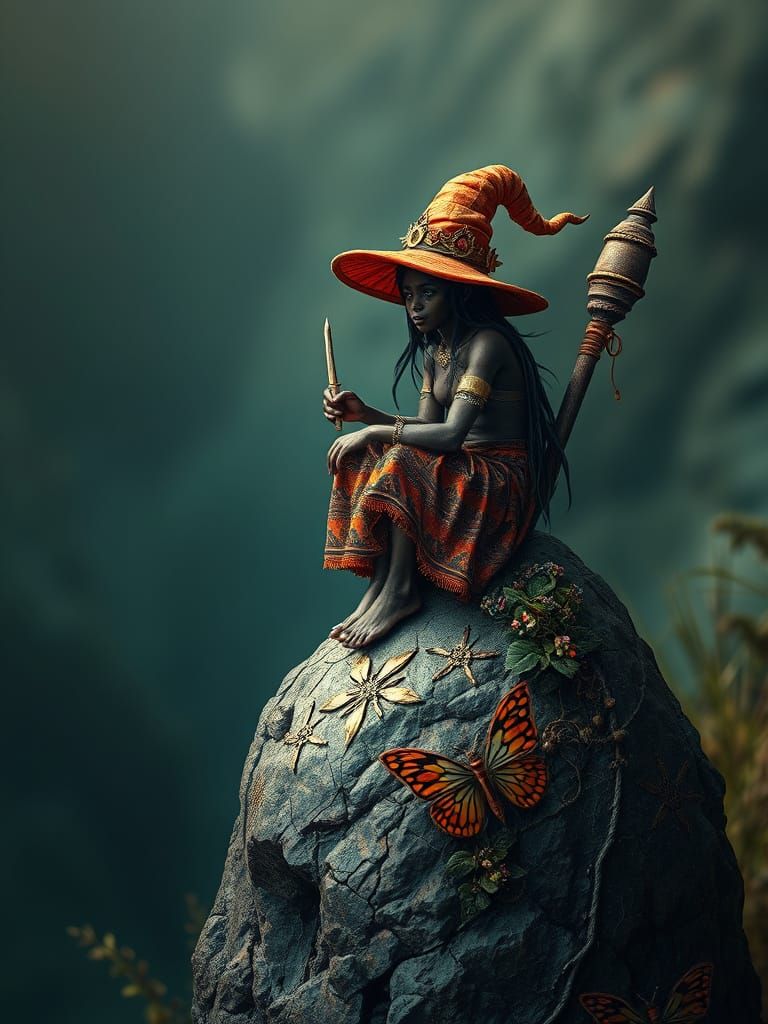 Tiny Witch on Rock in Ghana, Intricate Maximalist Art