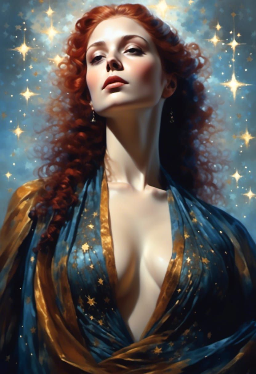 Woman in Starry Headscarf: Hyperrealistic Fantasy Portrait