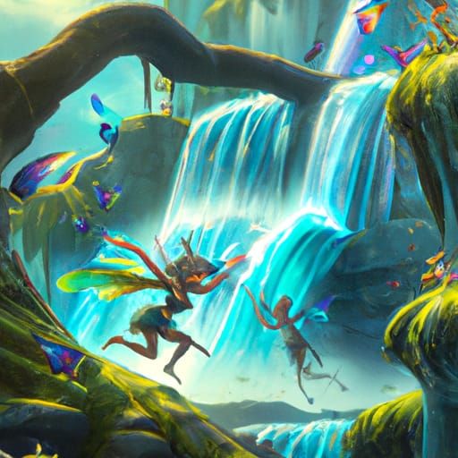 Exotic Pixie Sprites Dancing at Rainforest Waterfall