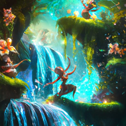 Exotic Pixie Sprites Dancing at Tropical Waterfall
