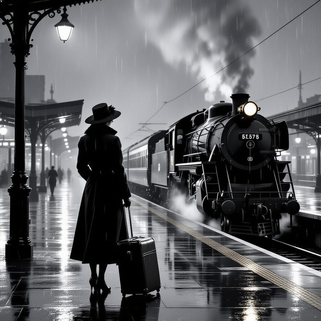 Melancholy Woman at Train Station in Film Noir Style