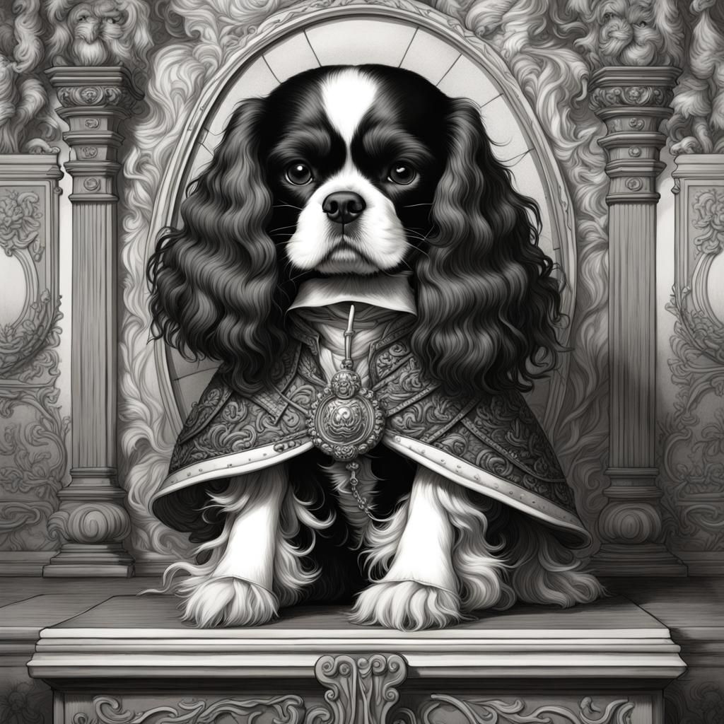 King Charles Spaniel as King Charles II in Drawing