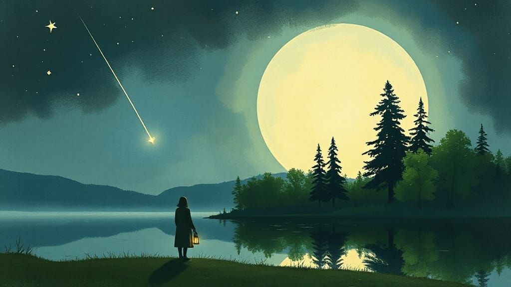 Dreamy Moonlit Figure Illuminated by Shooting Star