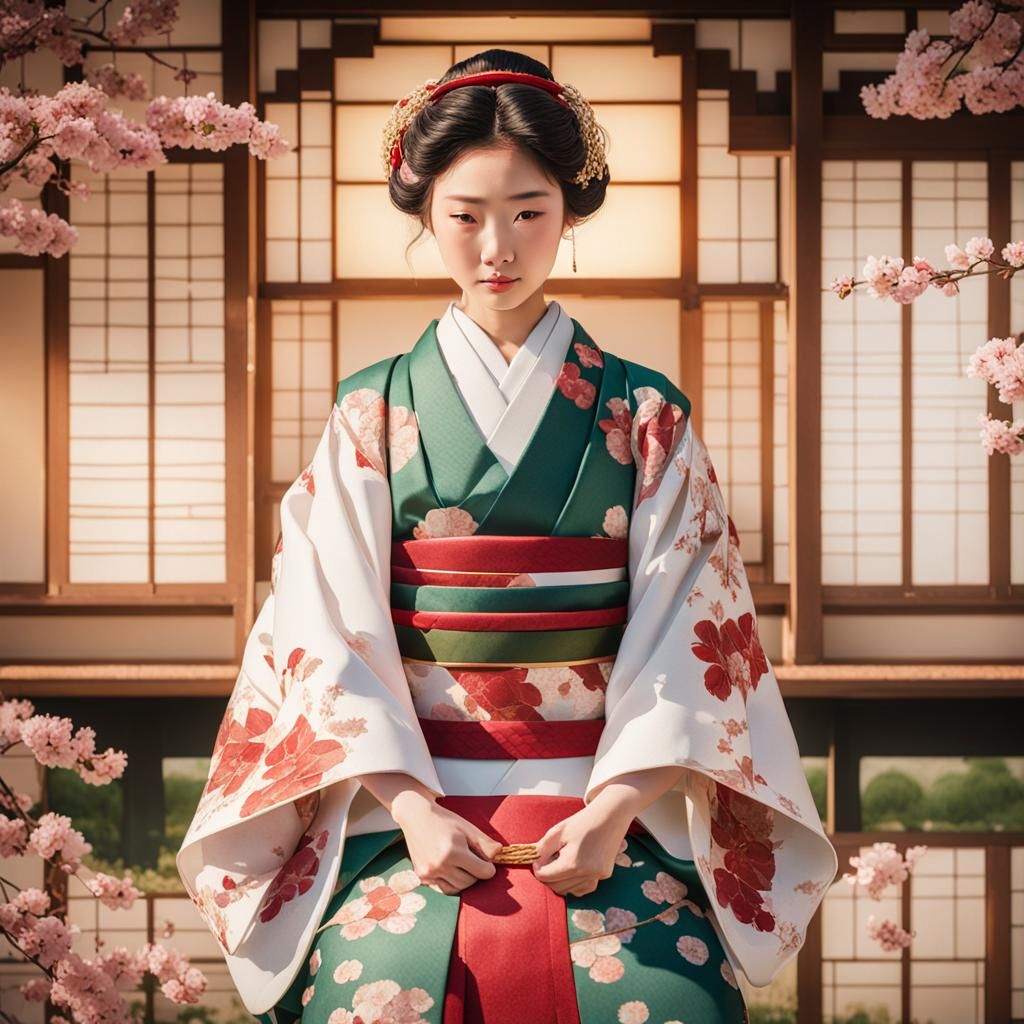 Elegant Japanese Bride in Hokusai Watercolor Style