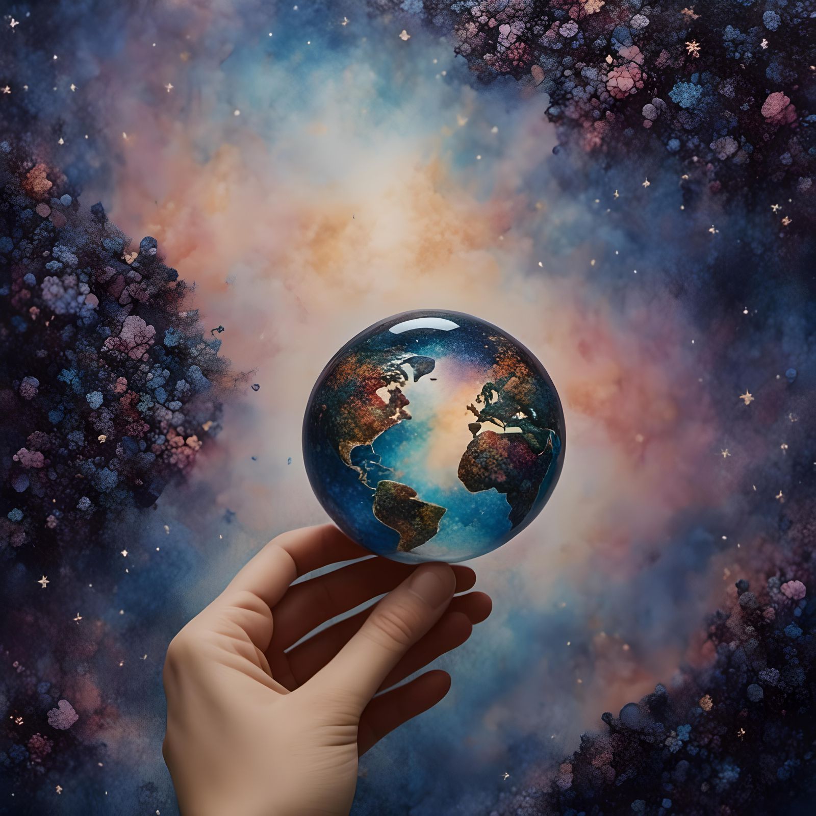 Cosmic Miniature World on Finger in Pointillist Style