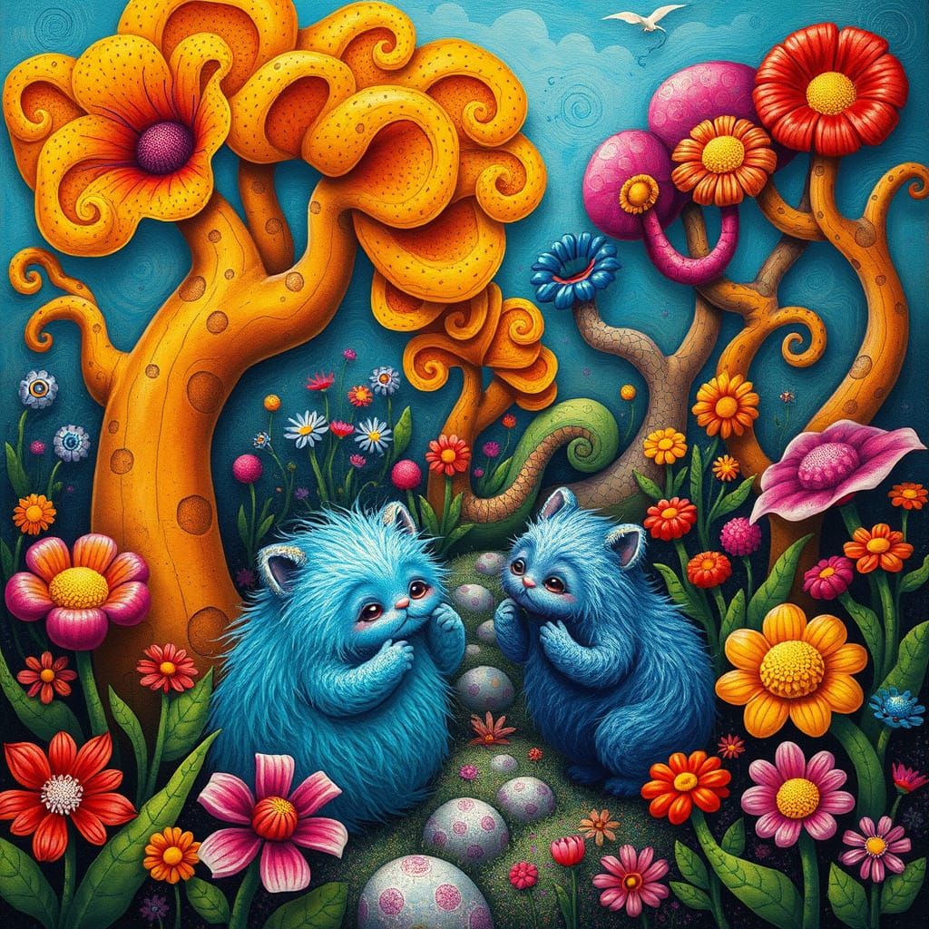 Whimsical Creatures in a Hundertwasser Garden