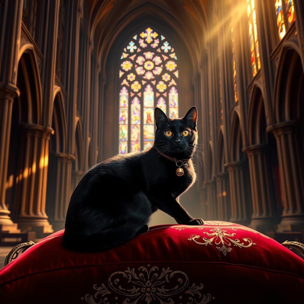 Cat in Gothic Cathedral, Digital Art Style