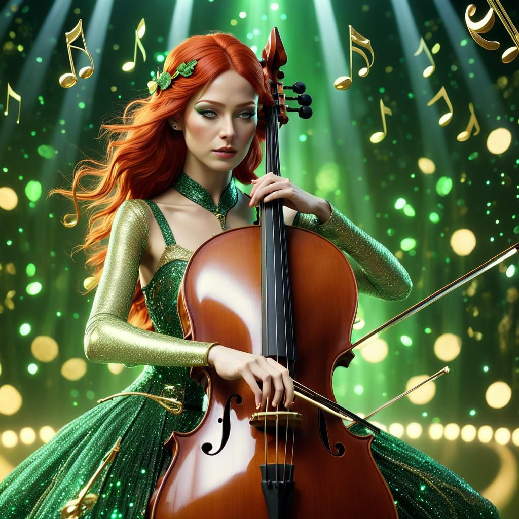Redhead Girl Playing Cello with Sci-Fi Effects