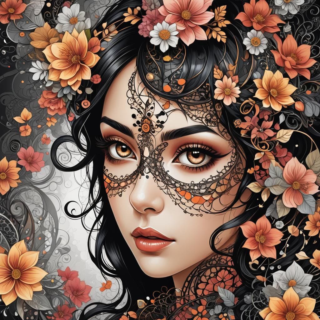 Girl with Flowers and Abstract Fractal Design