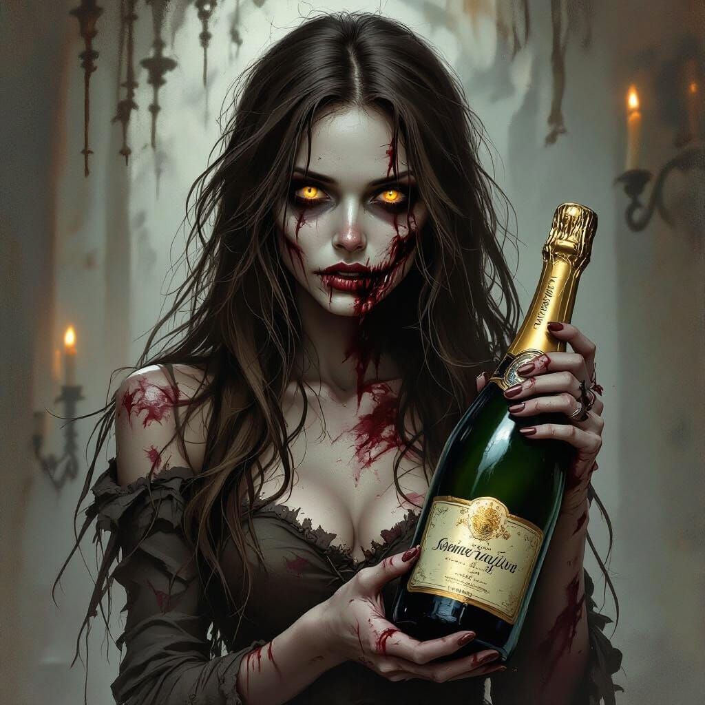 Gothic Zombie Woman With Champagne Bottle