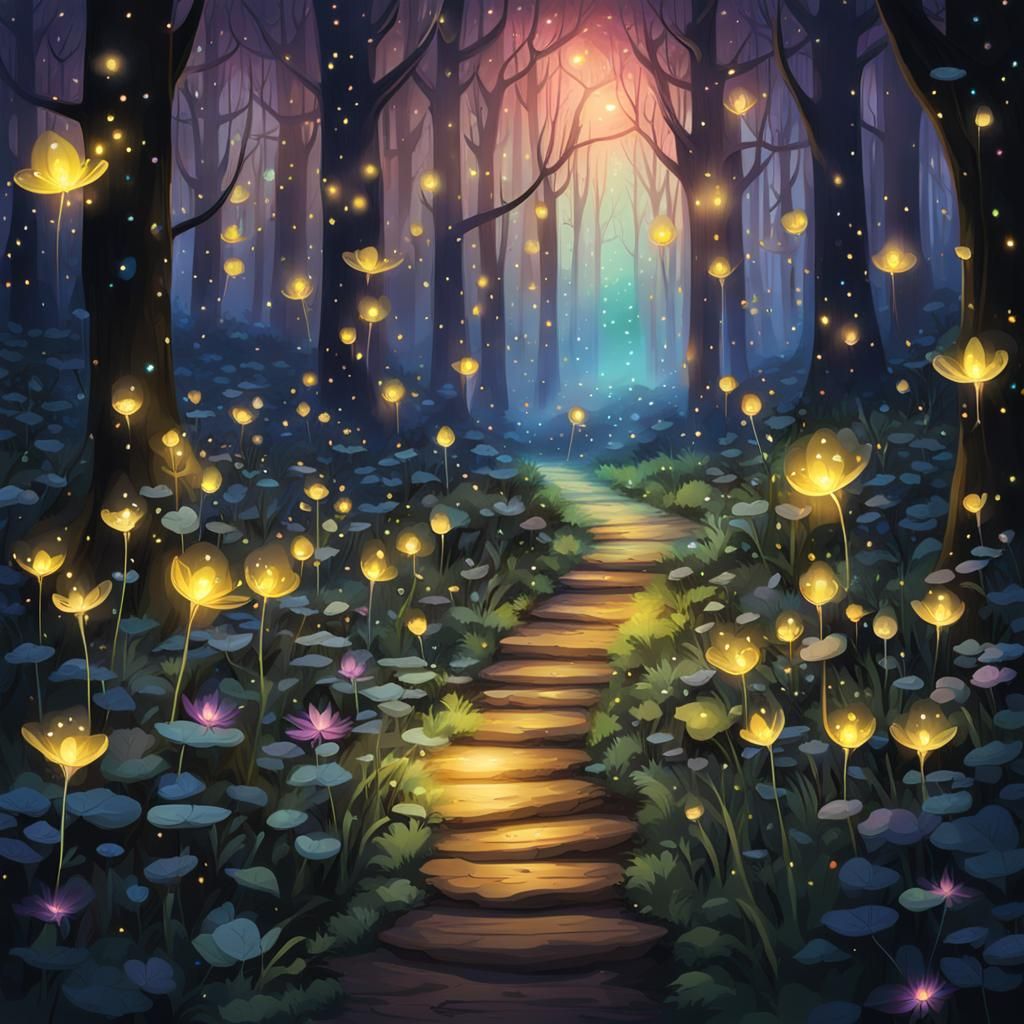 Enchanted Forest with Iridescent Fireflies