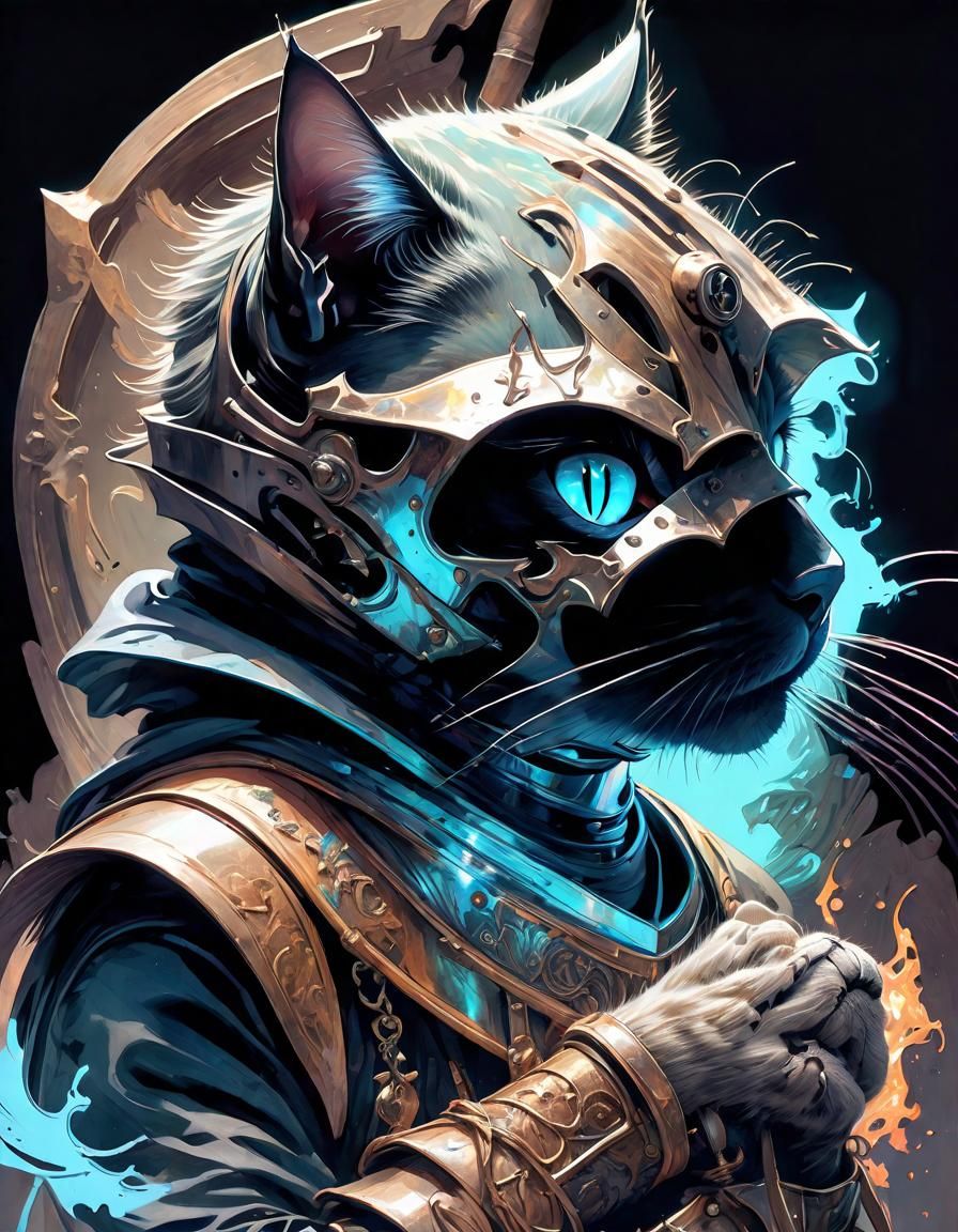 Furious Cat Knight in Dungeon, Classical Illustration