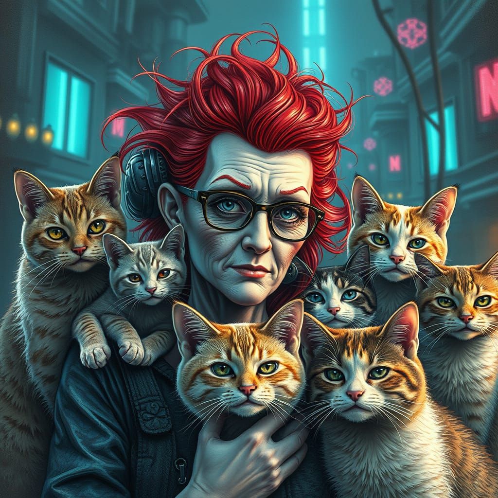 Surreal Cyberpunk Punk Rocker with Feline Companions
