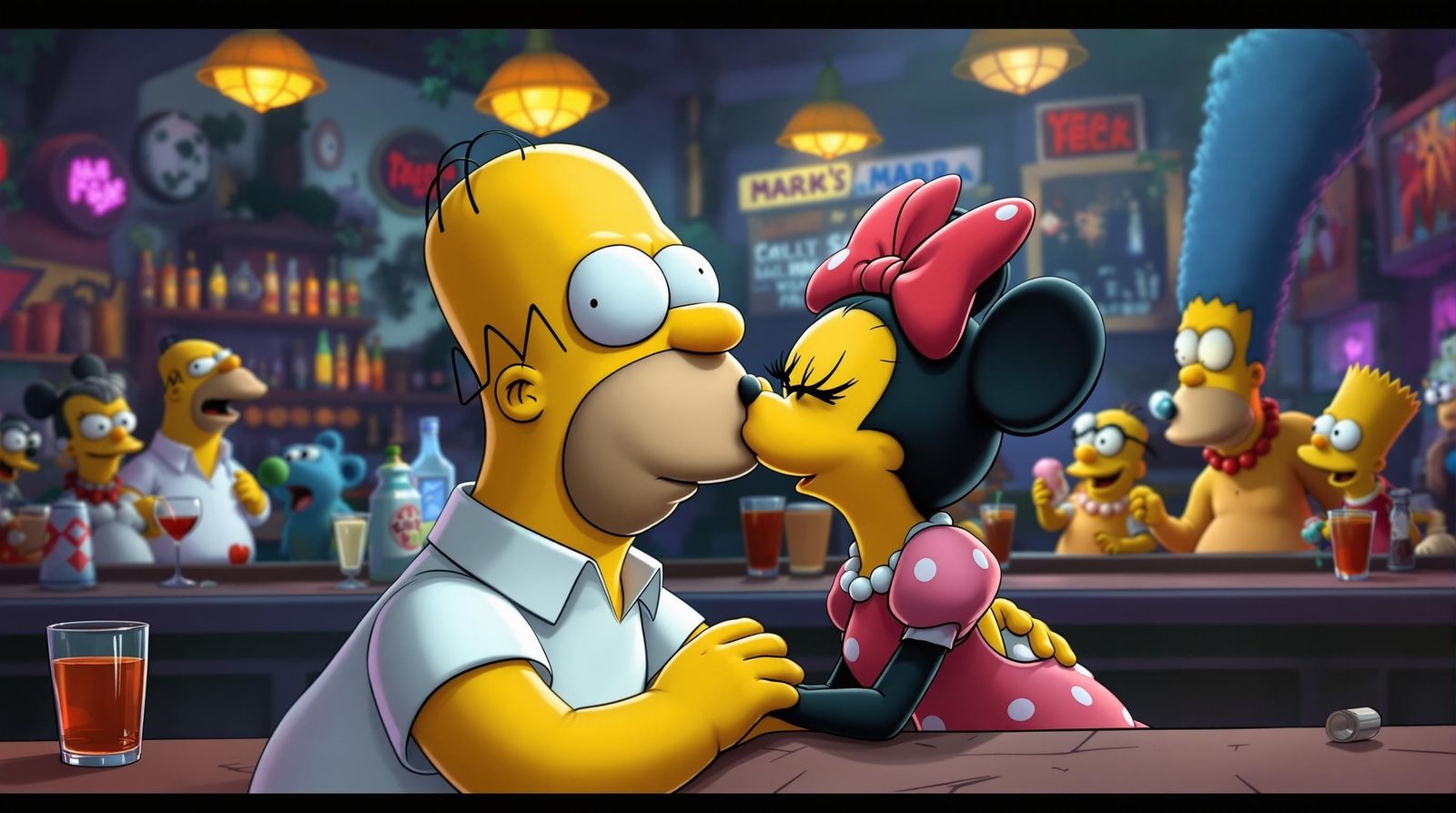 Homer Simpson's Drunken Kiss in a Colorful Cartoon Bar