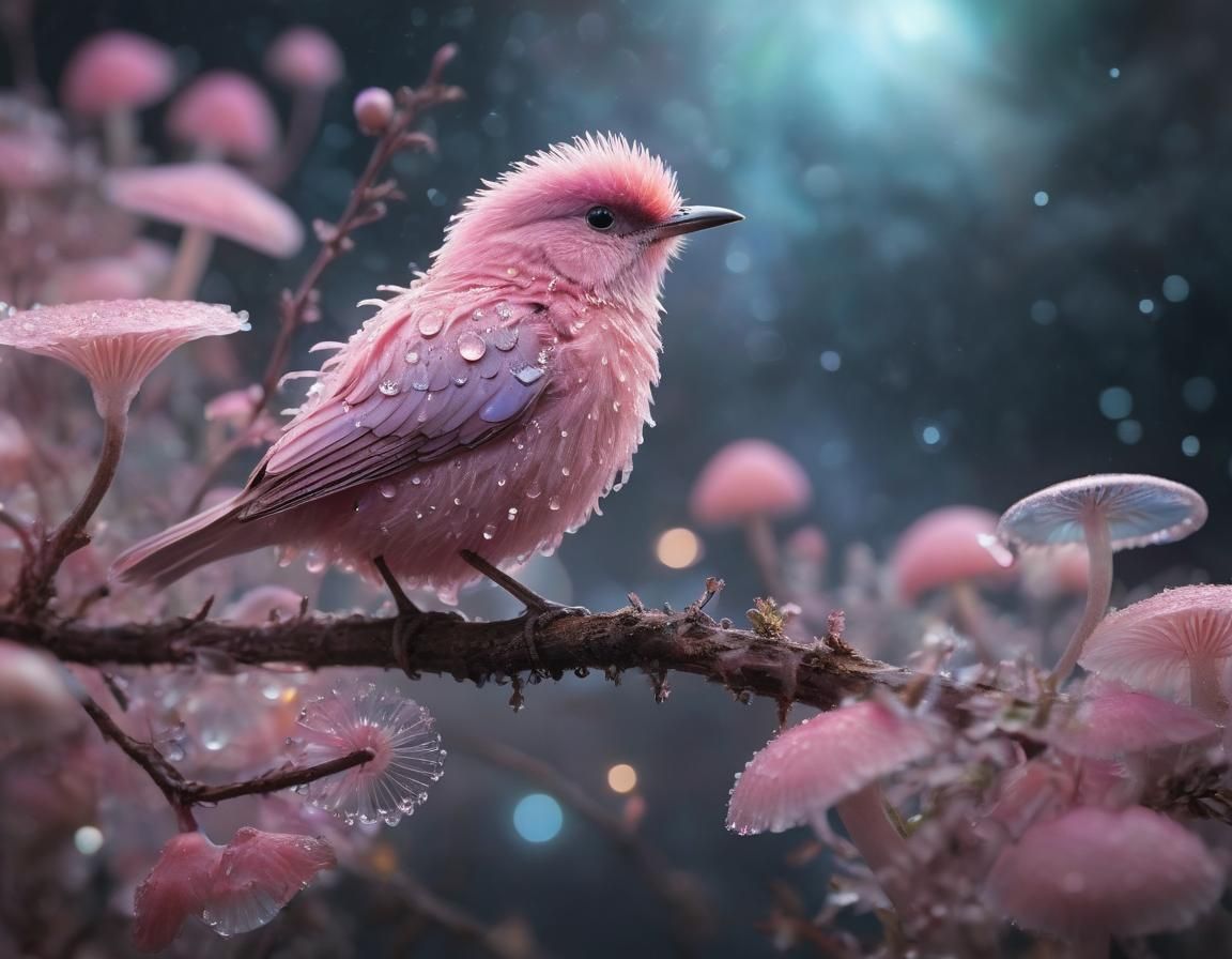 Iridescent Bird on Bioluminescent Flower