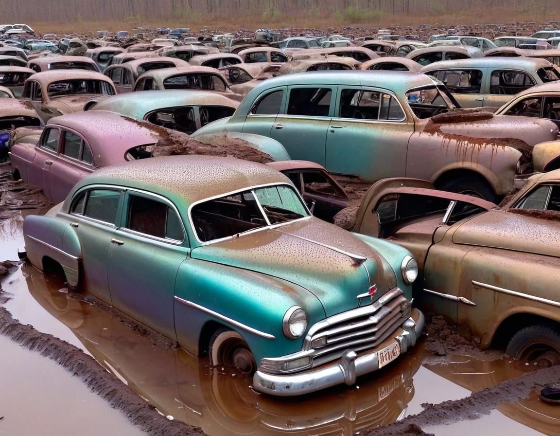 1950s Junkyard with Iridescent Rain