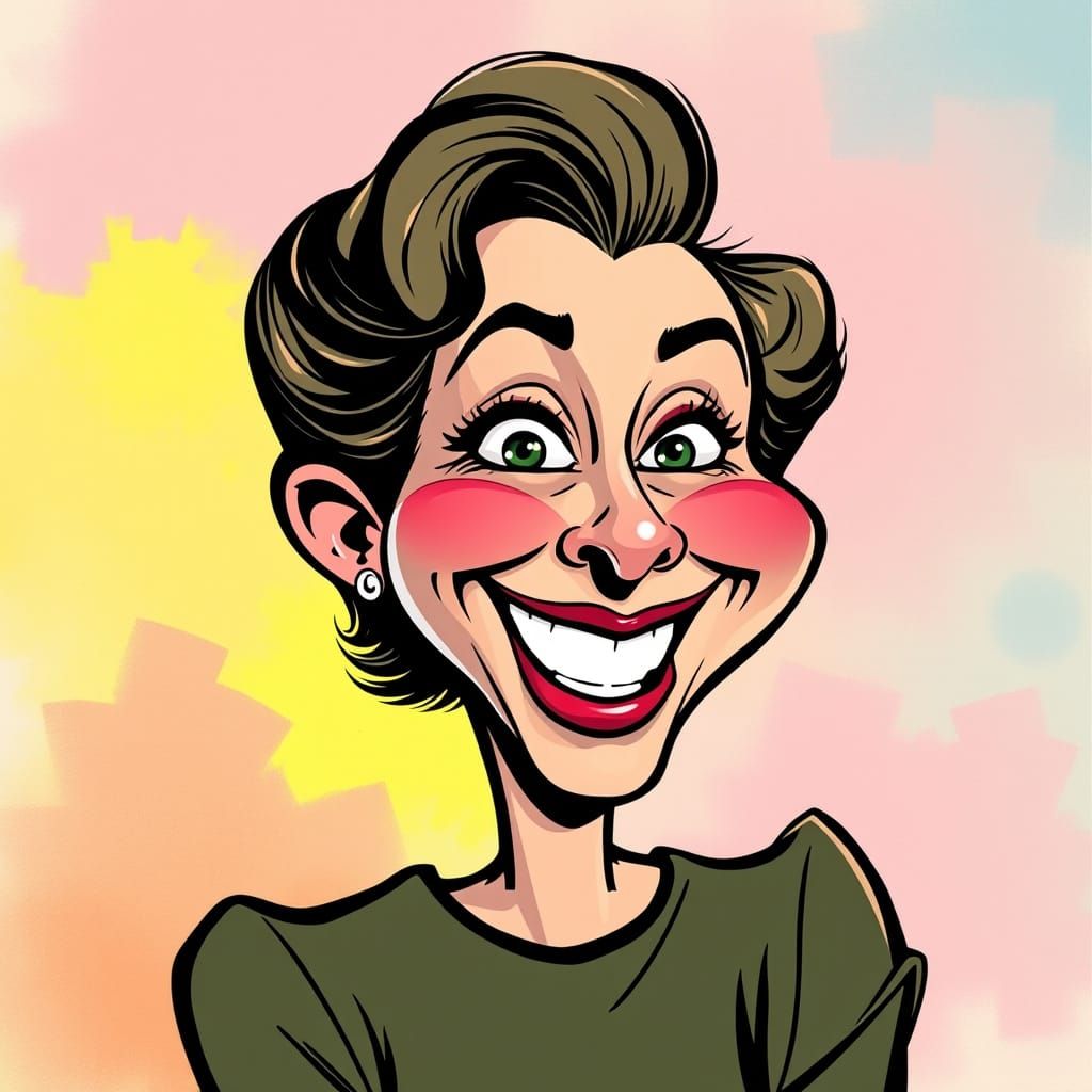 Playful Caricature of Smiling Woman in Vintage Comic Style