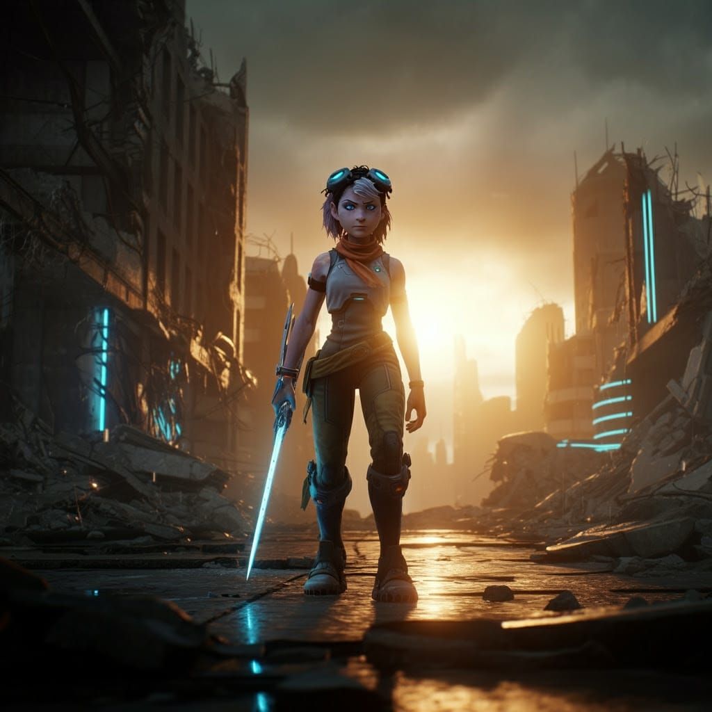 Heroic Lombax Warrior Rises Amidst Devastated Cityscape