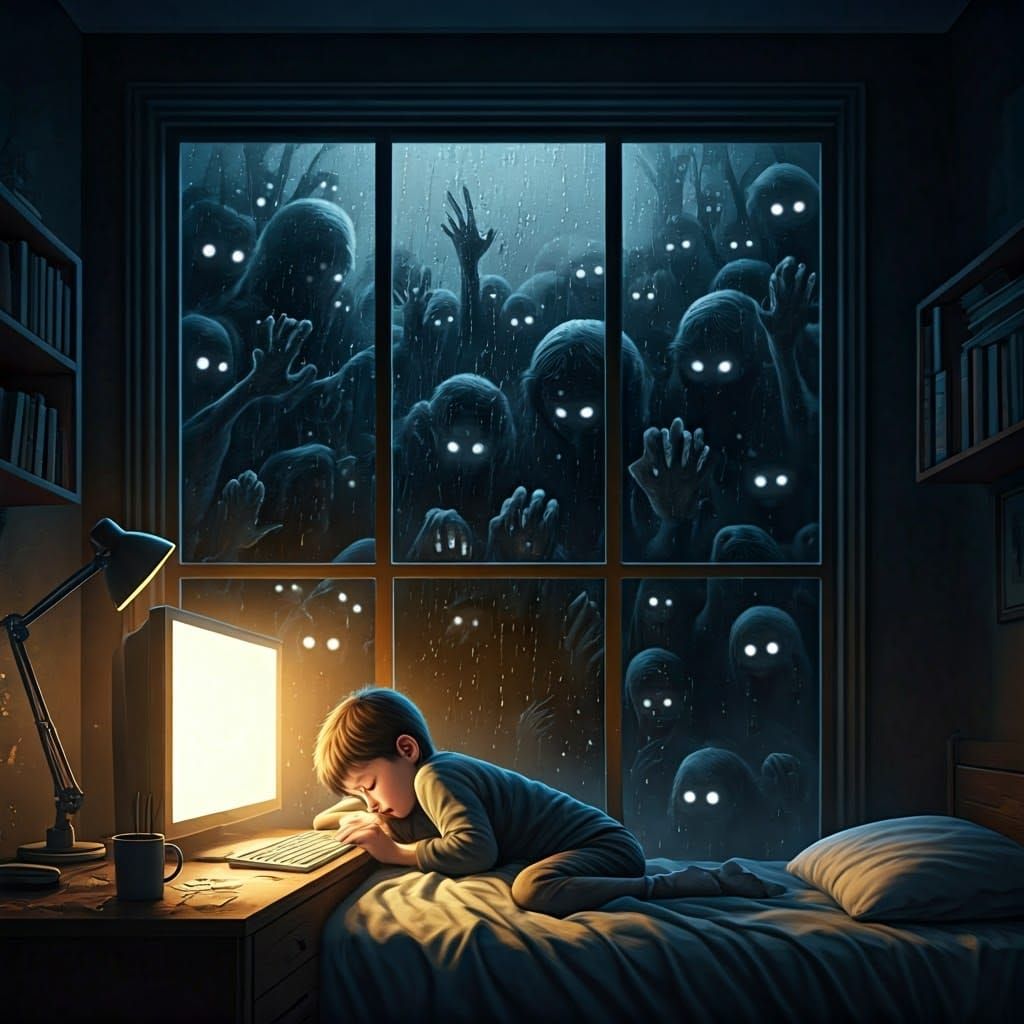 Sinister Bedroom Scene with Ghostly Figures