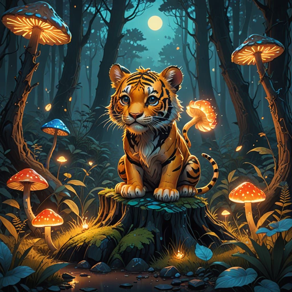 Fantastical Chibi Tiger Amidst Whimsical Forest