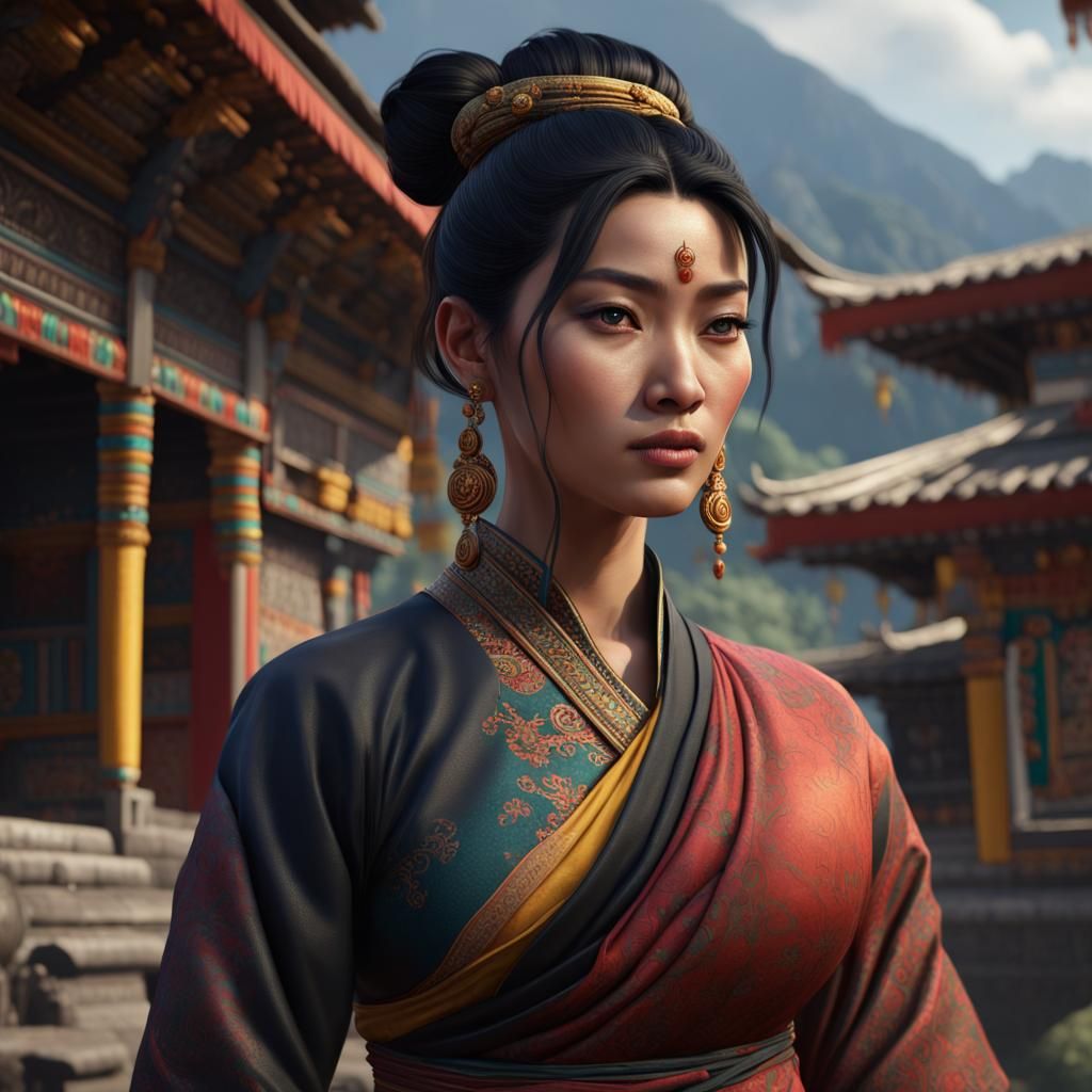 Bhutanese Woman with Black Hair in Fantasy Art Style