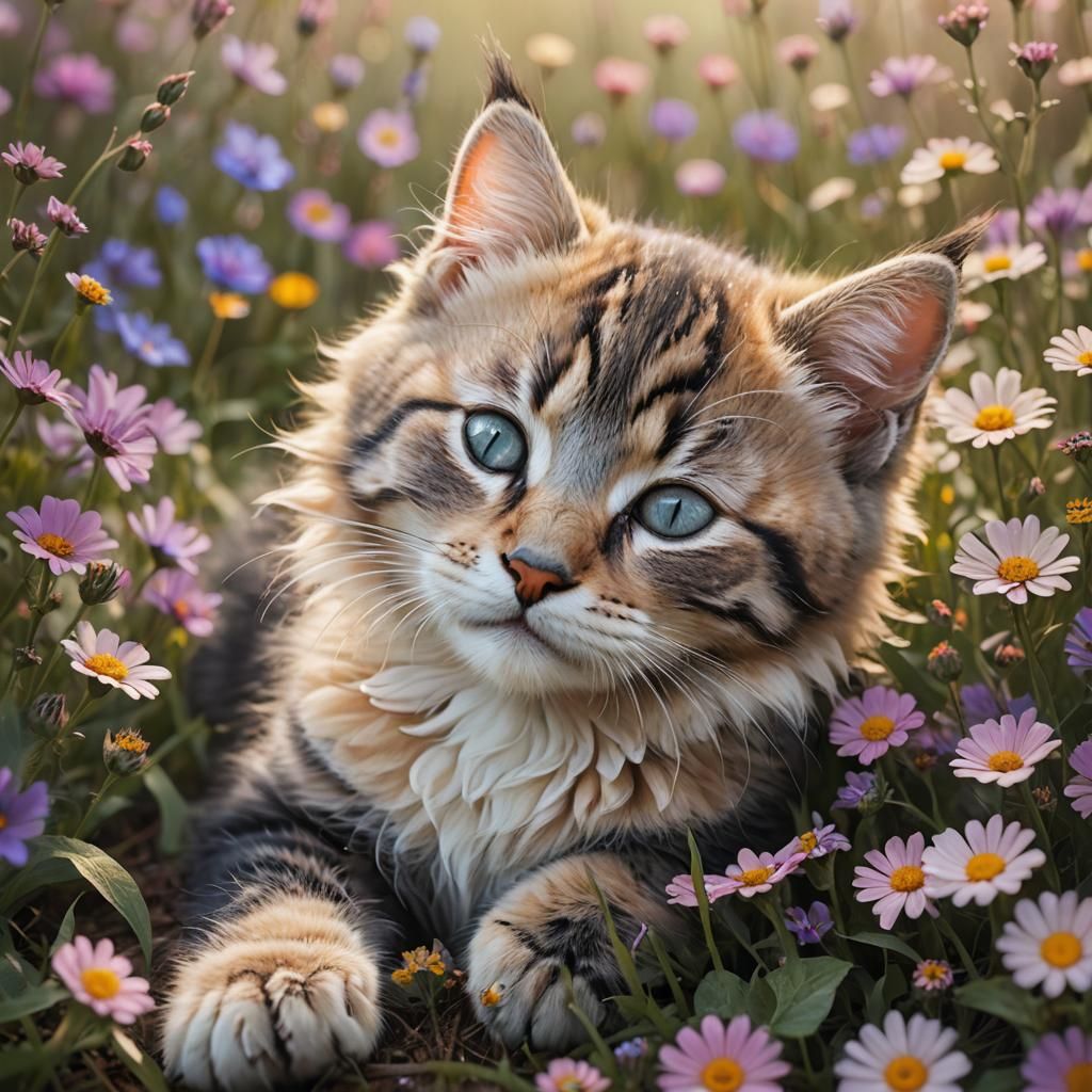 Cute Kitten Sleeping in Flower Field, Photorealistic Art