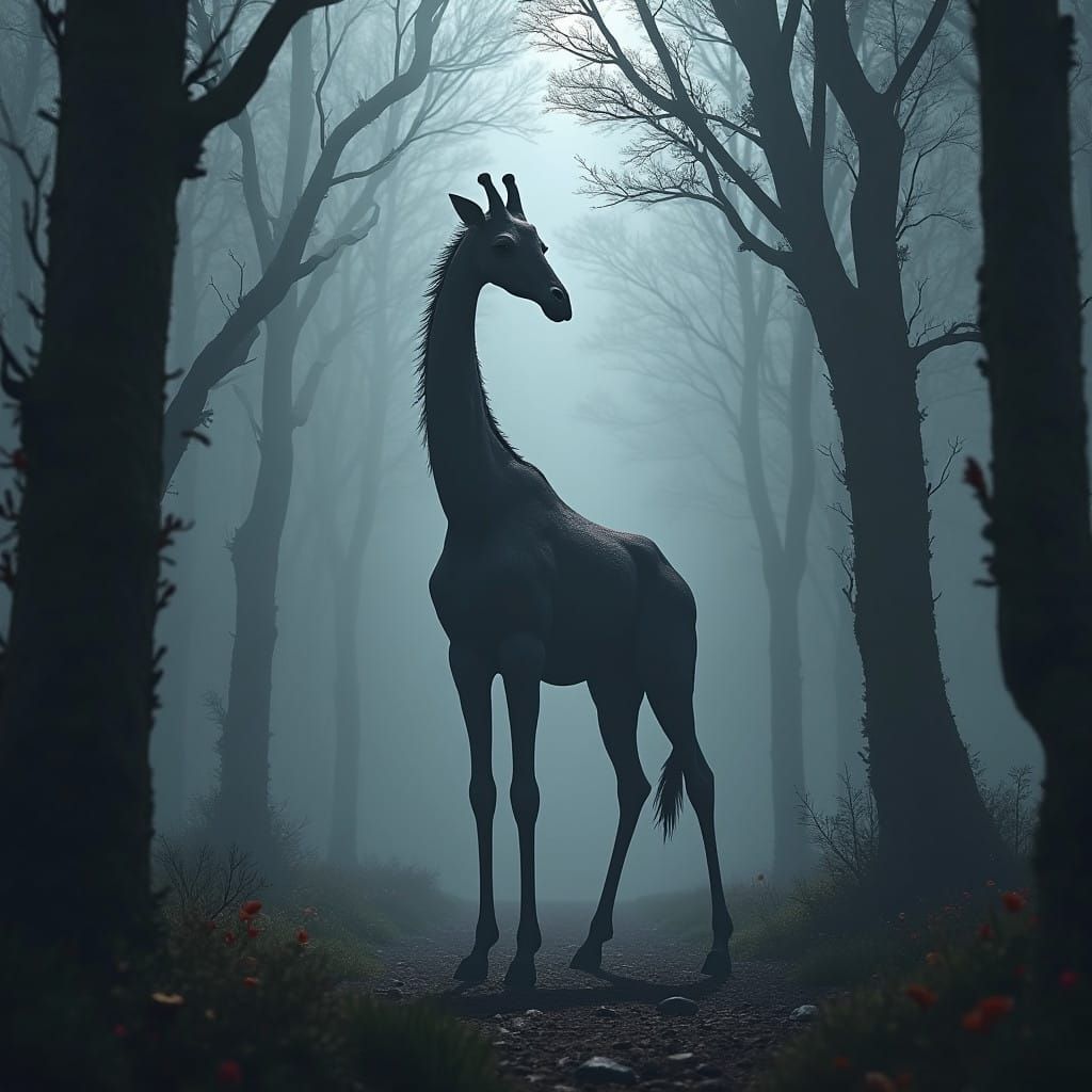 Mysterious Gothic Giraffe in a Haunting Gray Landscape