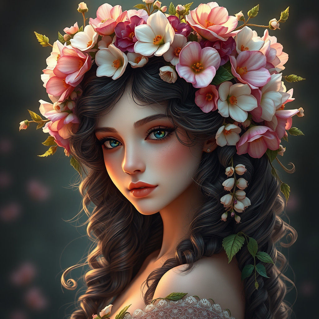 Fantasy Flower Girl Portrait in Realism Style