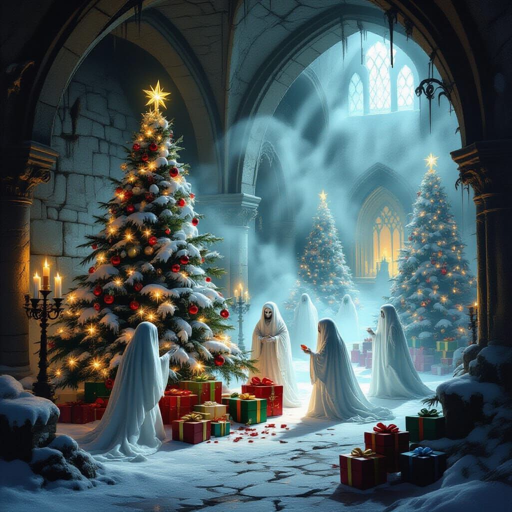 Ethereal Christmas Crypt with Ghostly Figures and Haunted Tr...