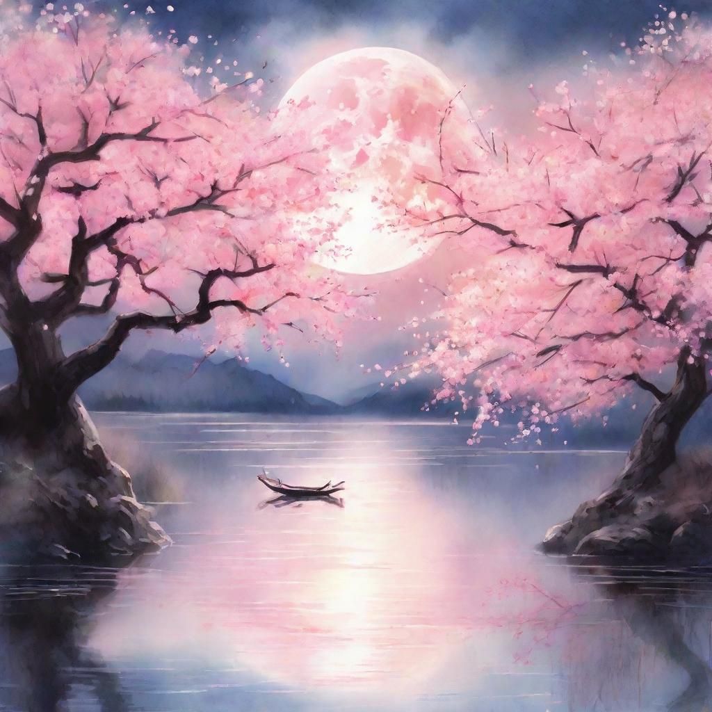 Pink Moon Over Cherry Blossoms: Watercolor Fantasy