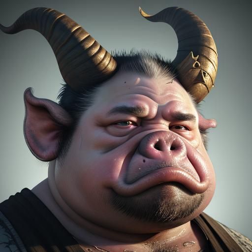 Grotesque Pig Creature with Goat Horns in Hyperrealistic Sty...